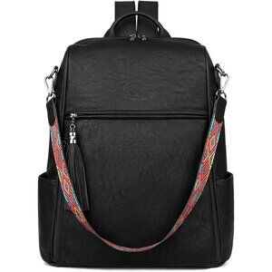 Women's Pure Black Retro Style Backpack Designer 15.6 inch PU Leather Laptop Bag